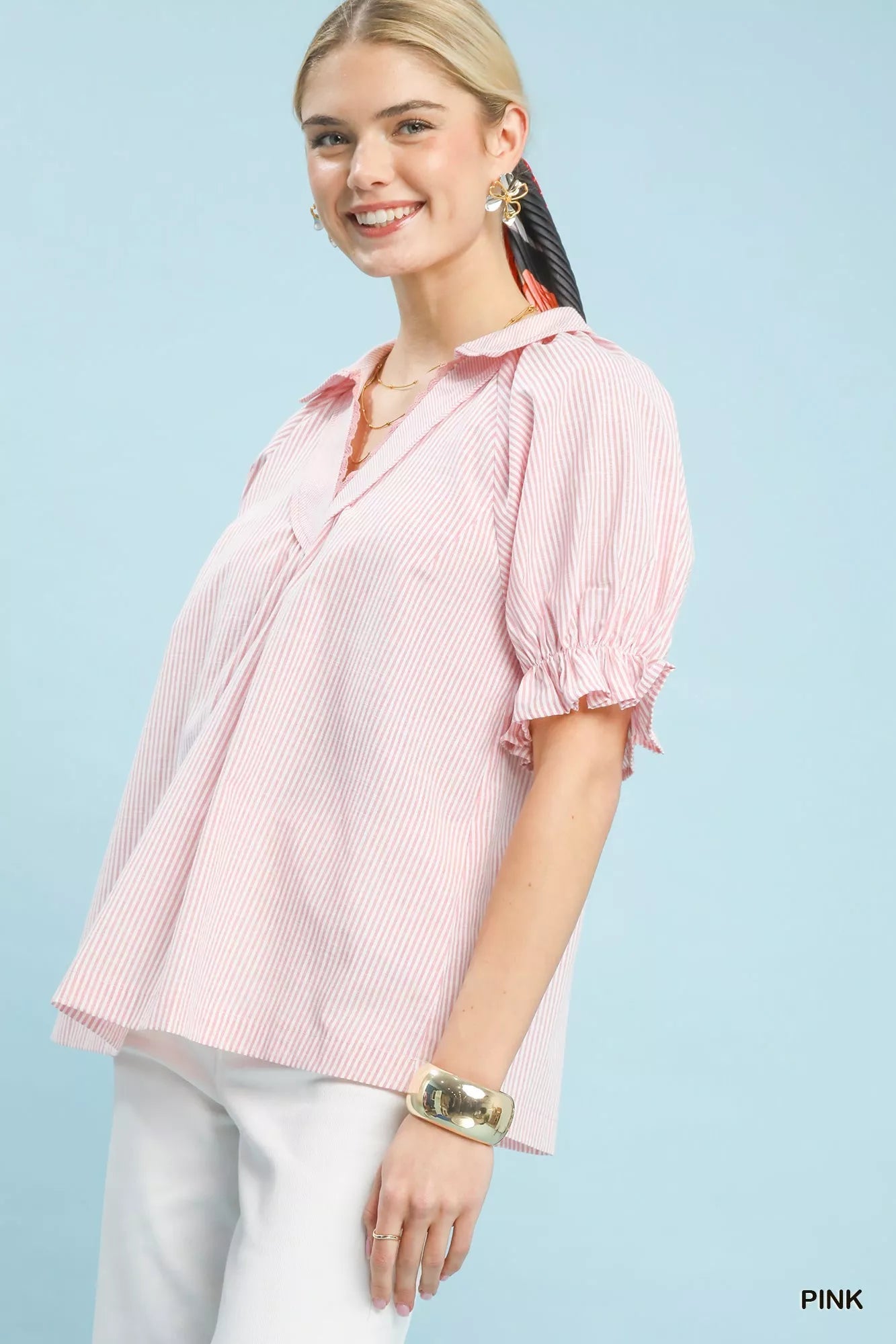 Umgee Pinstripe V - Neck Ruffle Sleeve Blouse - Bitsy Gypsy Boutique