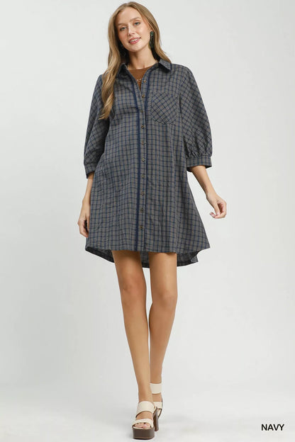 Umgee Plaid Button Down Oversized Shirt Dress - Bitsy Gypsy Boutique