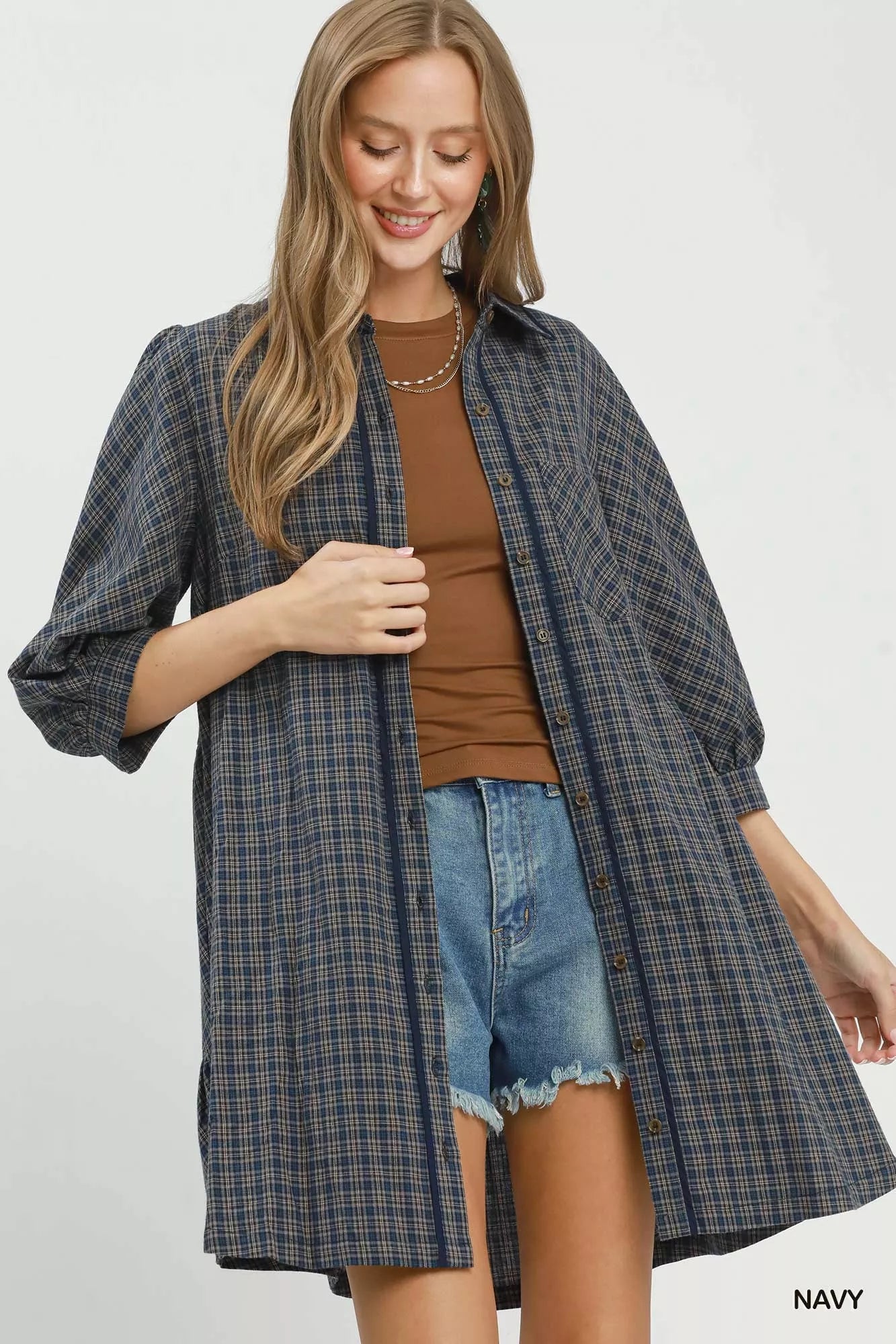 Umgee Plaid Button Down Oversized Shirt Dress - Bitsy Gypsy Boutique