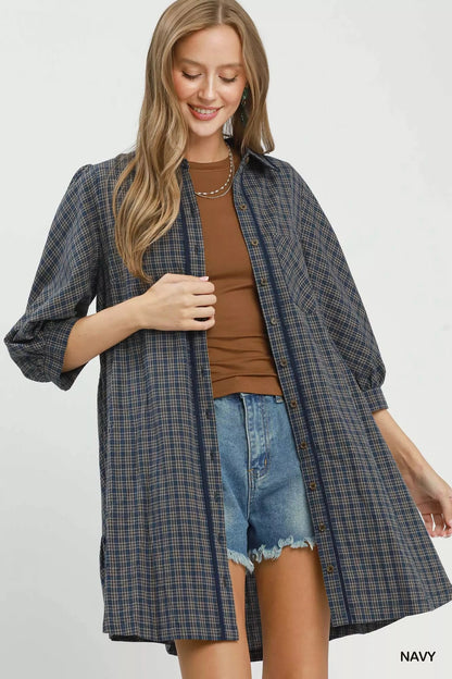 Umgee Plaid Button Down Oversized Shirt Dress - Bitsy Gypsy Boutique