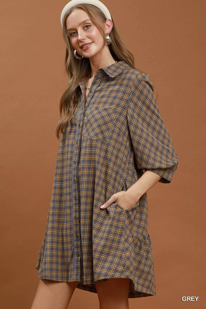 Umgee Plaid Button Down Oversized Shirt Dress - Bitsy Gypsy Boutique