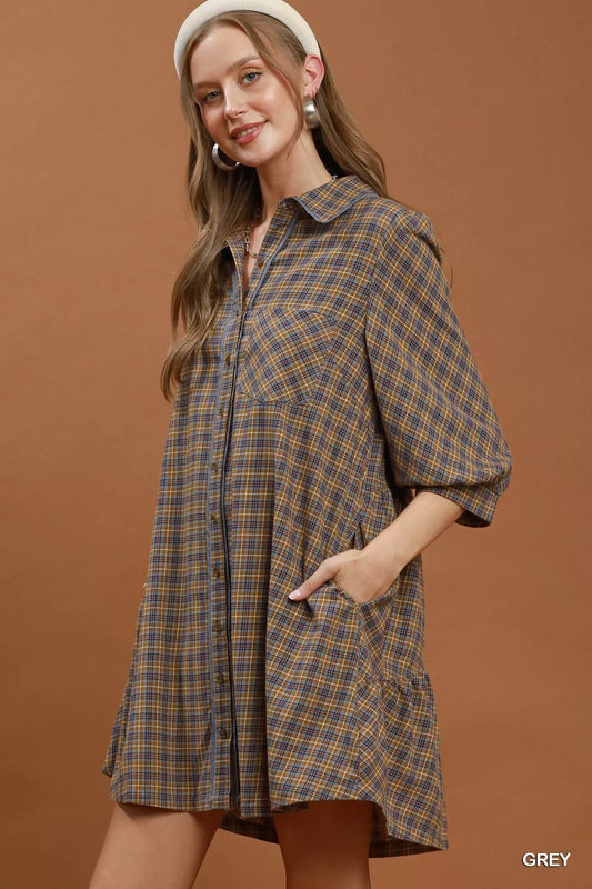 Umgee Plaid Button Down Oversized Shirt Dress - Bitsy Gypsy Boutique