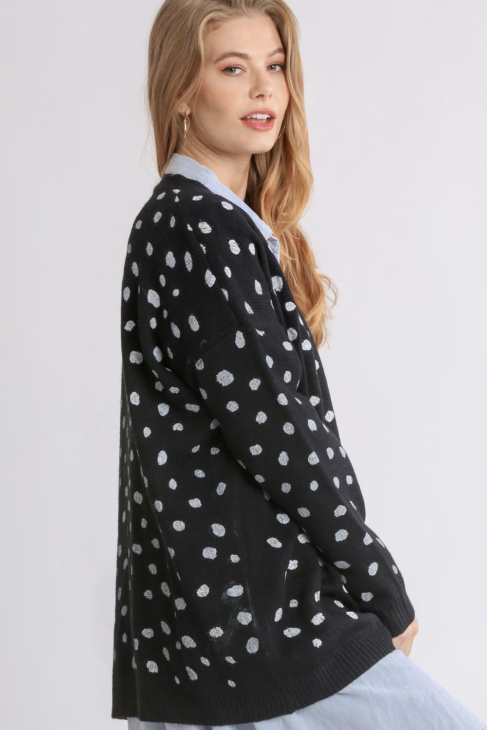 Umgee Polka Dot Open Front Drop Shoulder Cardigan - Bitsy Gypsy Boutique