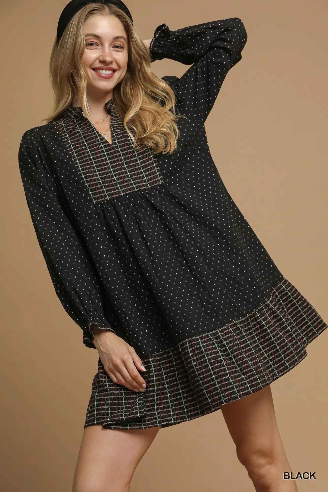 Umgee Polka Dot Plaid Trim Babydoll Dress - Bitsy Gypsy Boutique