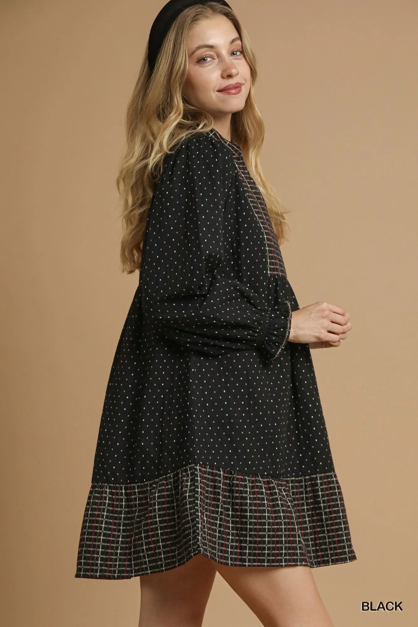 Umgee Polka Dot Plaid Trim Babydoll Dress - Bitsy Gypsy Boutique