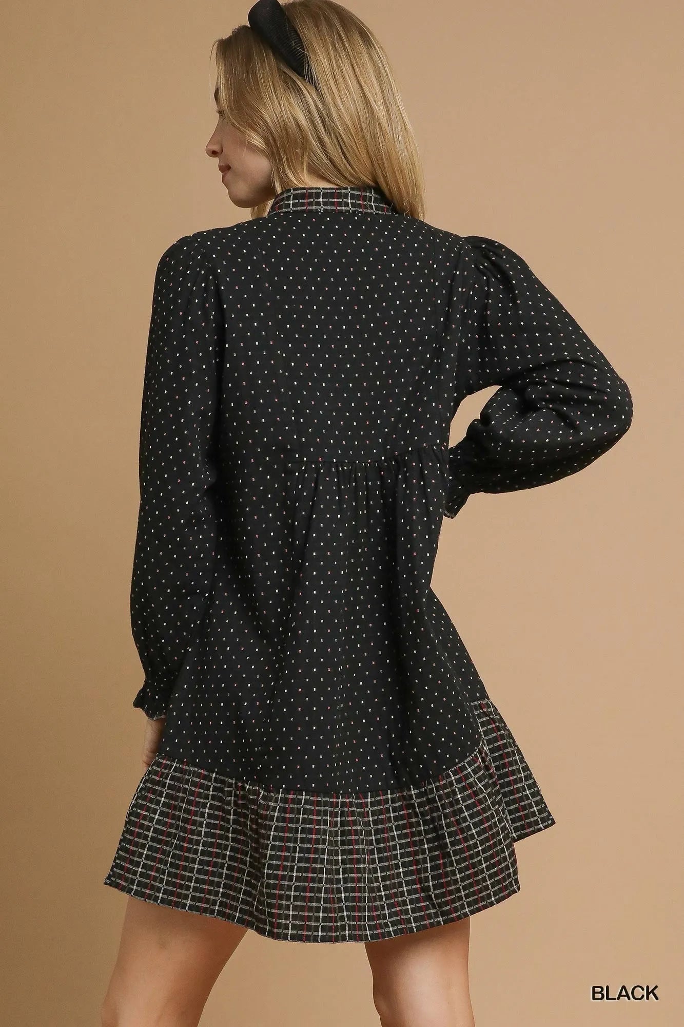 Umgee Polka Dot Plaid Trim Babydoll Dress - Bitsy Gypsy Boutique