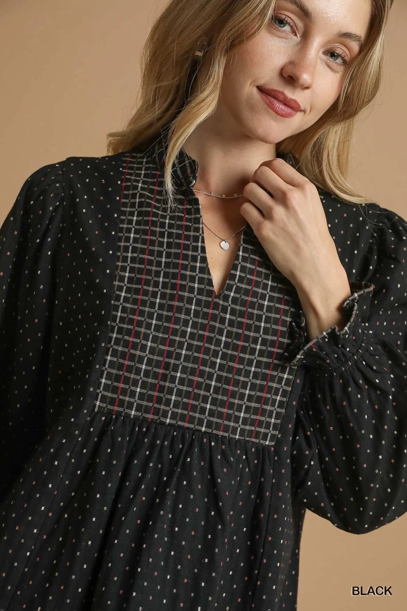 Umgee Polka Dot Plaid Trim Babydoll Dress - Bitsy Gypsy Boutique