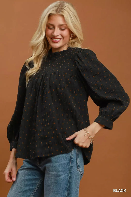 Umgee Polka Dot Smocked Detail Puff Sleeve Blouse - Bitsy Gypsy Boutique
