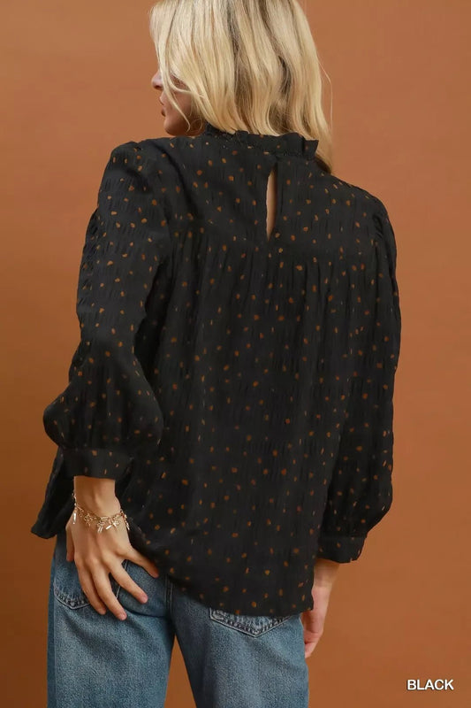 Umgee Polka Dot Smocked Detail Puff Sleeve Blouse - Bitsy Gypsy Boutique