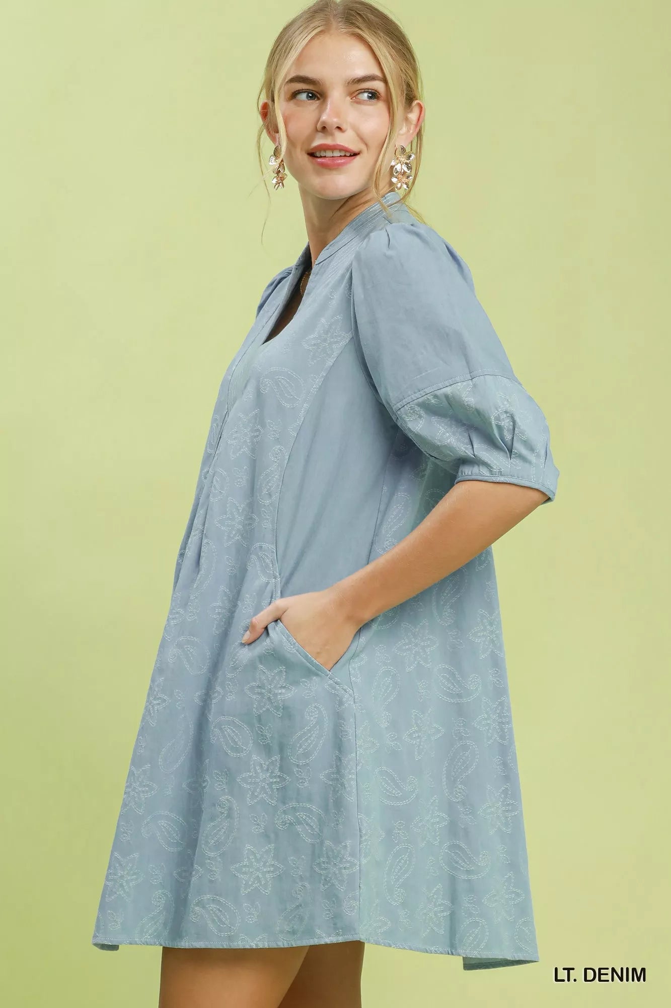 Umgee Print Denim Dress with Contrast Stitch - Bitsy Gypsy Boutique