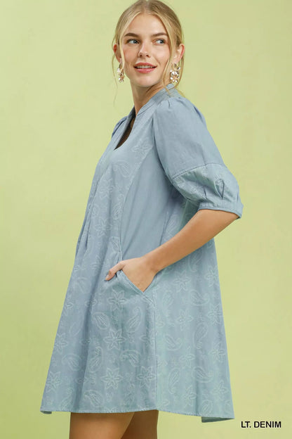 Umgee Print Denim Dress with Contrast Stitch - Bitsy Gypsy Boutique