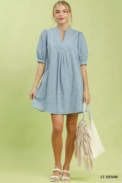 Umgee Print Denim Dress with Contrast Stitch - Bitsy Gypsy Boutique