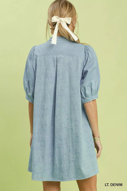 Umgee Print Denim Dress with Contrast Stitch - Bitsy Gypsy Boutique