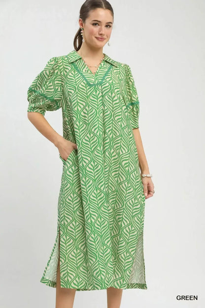 Umgee Printed Puff Sleeve Midi Dress with Pockets - Bitsy Gypsy Boutique