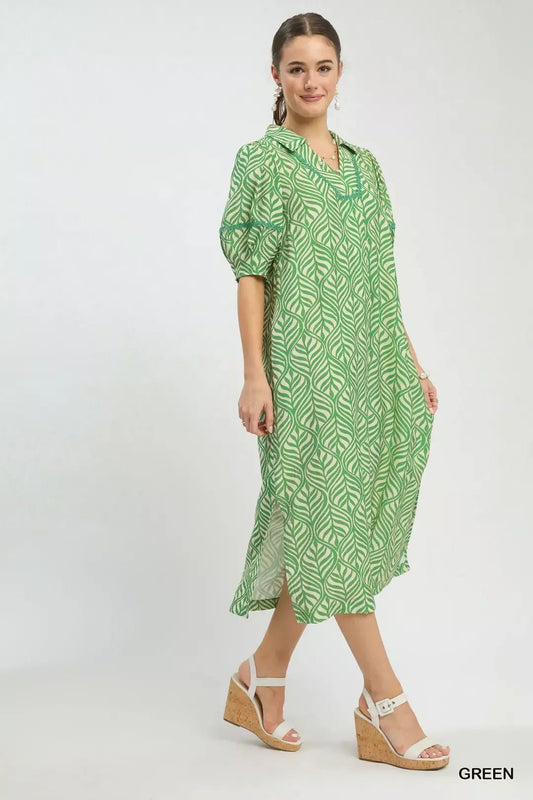 Umgee Printed Puff Sleeve Midi Dress with Pockets - Bitsy Gypsy Boutique