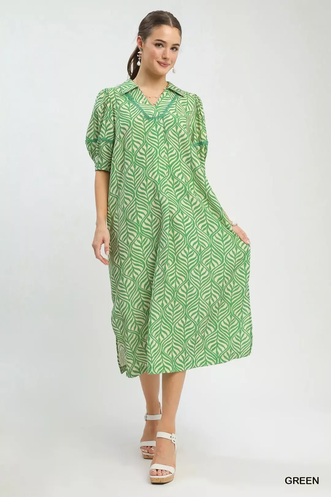 Umgee Printed Puff Sleeve Midi Dress with Pockets - Bitsy Gypsy Boutique