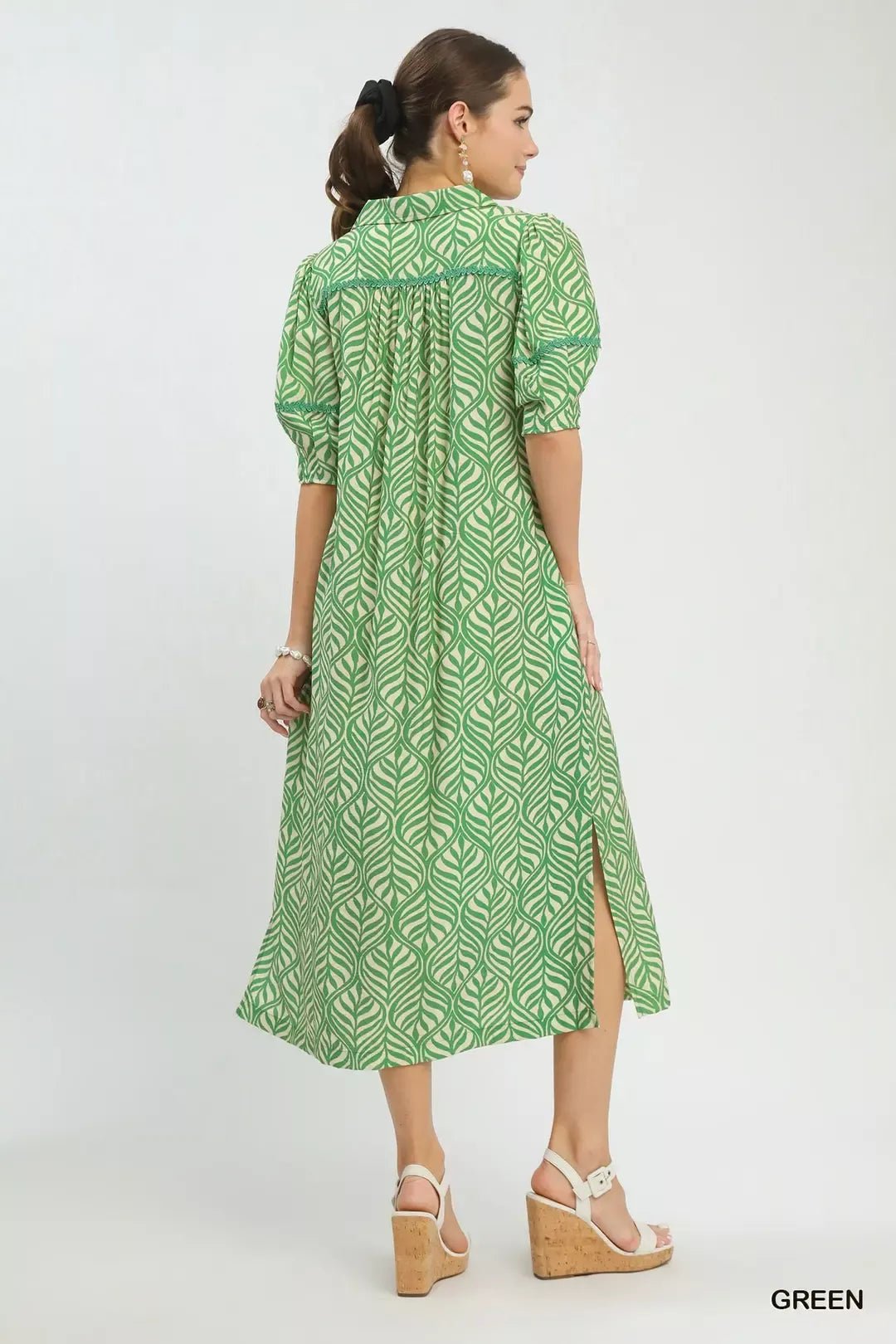 Umgee Printed Puff Sleeve Midi Dress with Pockets - Bitsy Gypsy Boutique