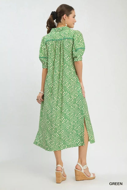 Umgee Printed Puff Sleeve Midi Dress with Pockets - Bitsy Gypsy Boutique