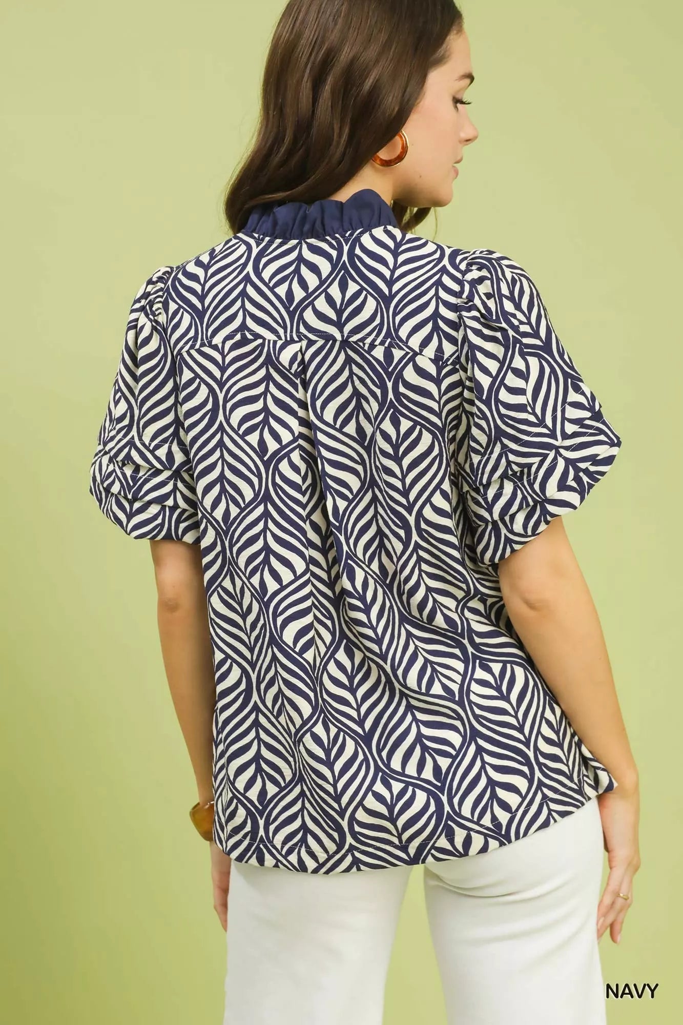 Umgee Printed Puff Sleeve Ruffle Neck Top - Bitsy Gypsy Boutique