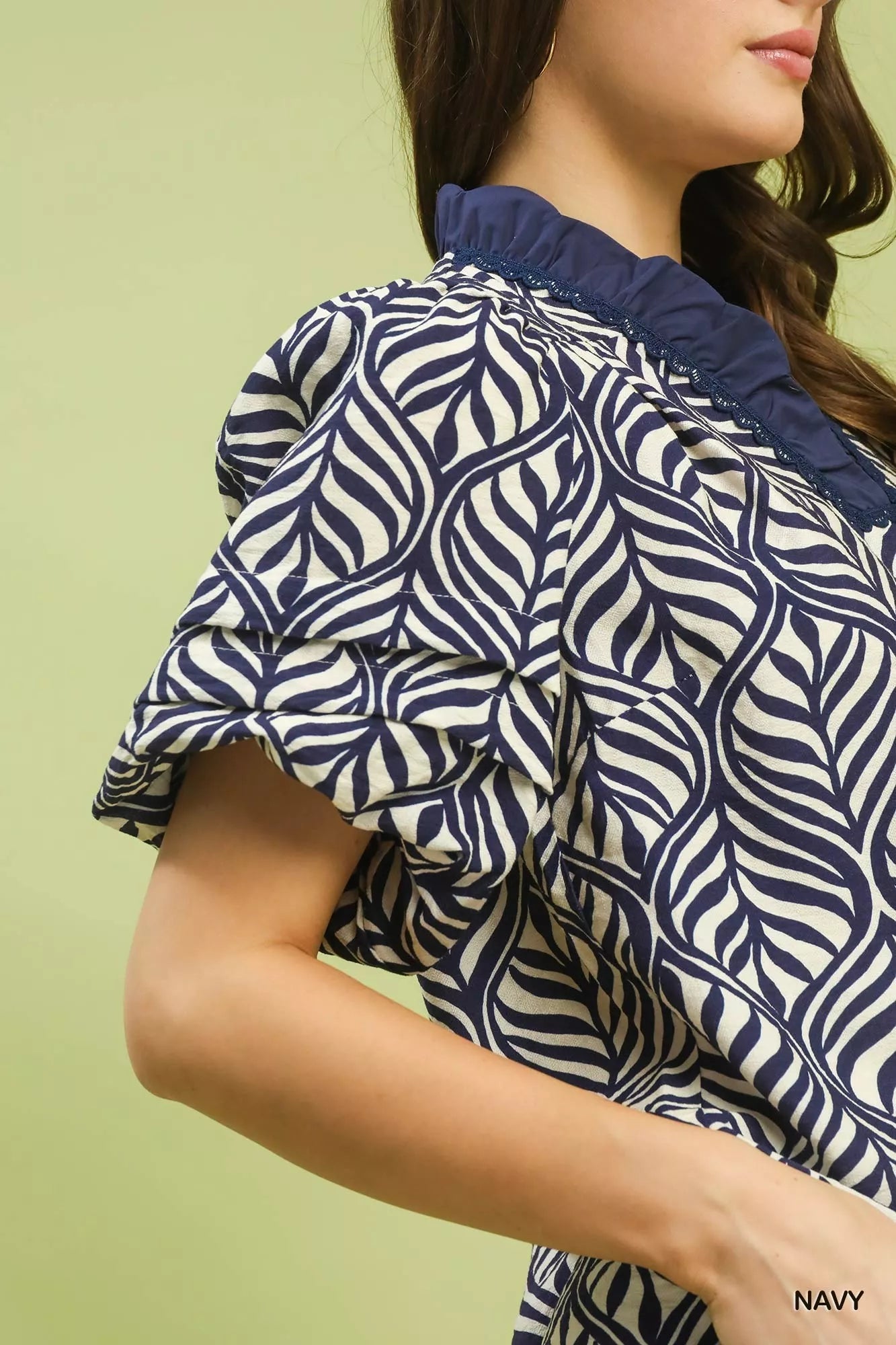 Umgee Printed Puff Sleeve Ruffle Neck Top - Bitsy Gypsy Boutique