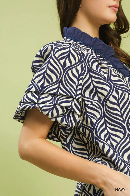 Umgee Printed Puff Sleeve Ruffle Neck Top - Bitsy Gypsy Boutique
