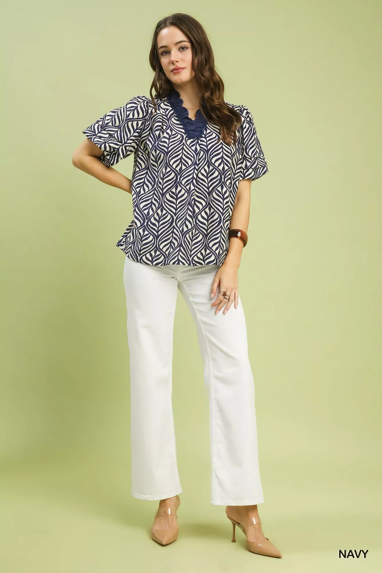 Umgee Printed Puff Sleeve Ruffle Neck Top - Bitsy Gypsy Boutique