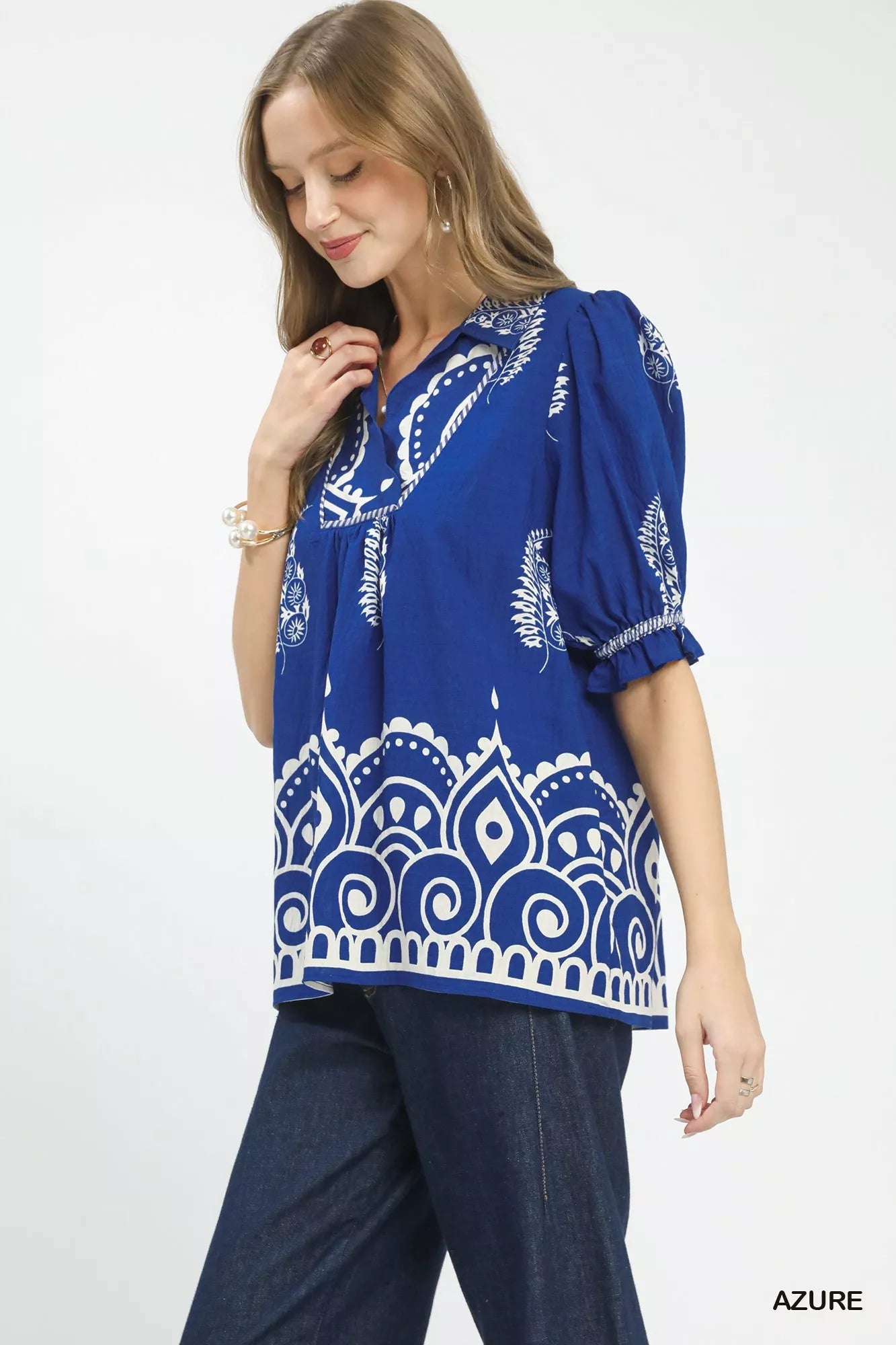 Umgee Printed Puff Sleeve Split Neck Top - Bitsy Gypsy Boutique