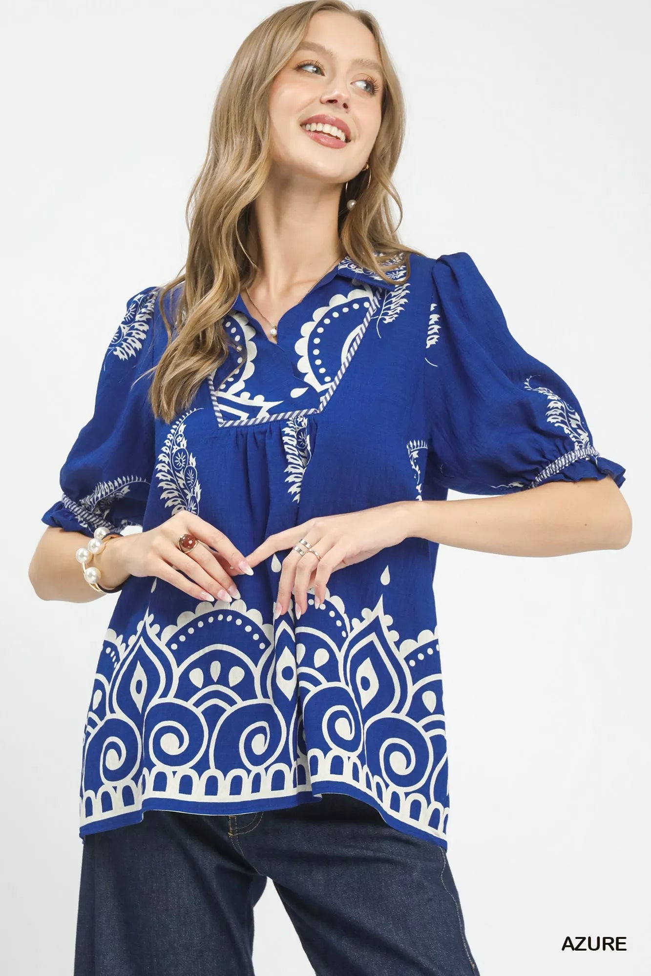 Umgee Printed Puff Sleeve Split Neck Top - Bitsy Gypsy Boutique