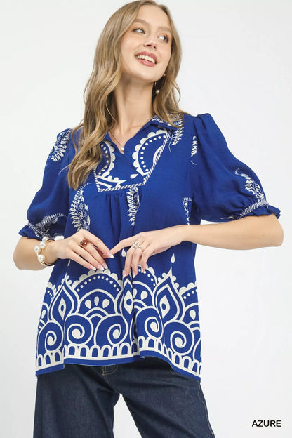 Umgee Printed Puff Sleeve Split Neck Top - Bitsy Gypsy Boutique