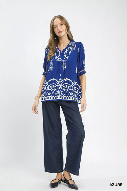Umgee Printed Puff Sleeve Split Neck Top - Bitsy Gypsy Boutique