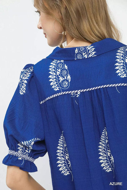 Umgee Printed Puff Sleeve Split Neck Top - Bitsy Gypsy Boutique