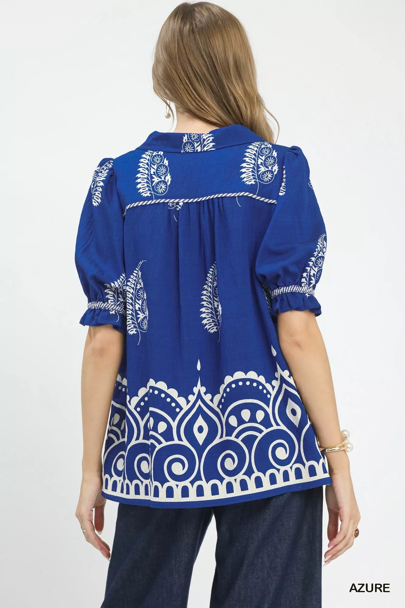 Umgee Printed Puff Sleeve Split Neck Top - Bitsy Gypsy Boutique