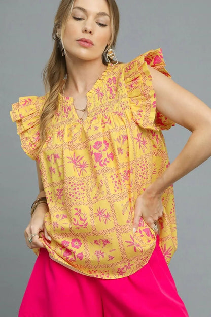 Umgee Printed Ruffle Cap Sleeve Blouse - Bitsy Gypsy Boutique