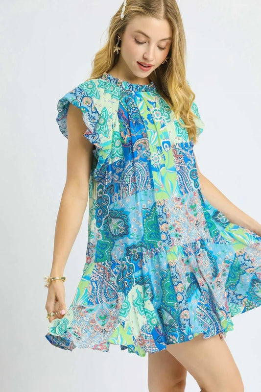 Umgee Printed Ruffle Cap Sleeve Mini Dress - Bitsy Gypsy Boutique