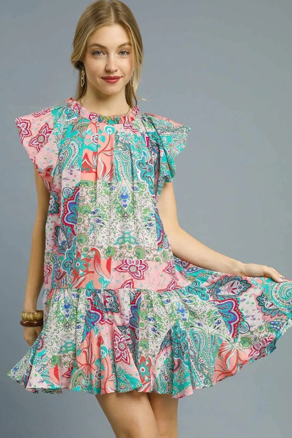 Umgee Printed Ruffle Cap Sleeve Mini Dress - Bitsy Gypsy Boutique