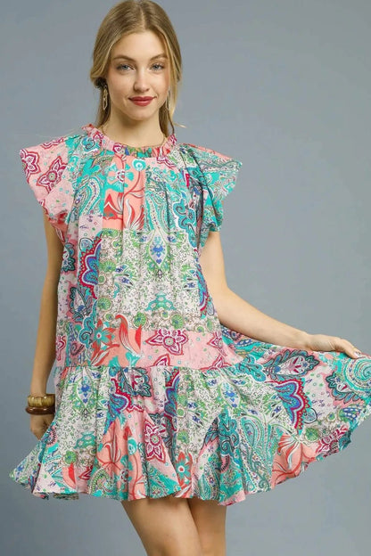 Umgee Printed Ruffle Cap Sleeve Mini Dress - Bitsy Gypsy Boutique