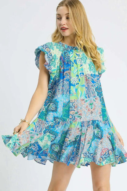Umgee Printed Ruffle Cap Sleeve Mini Dress - Bitsy Gypsy Boutique