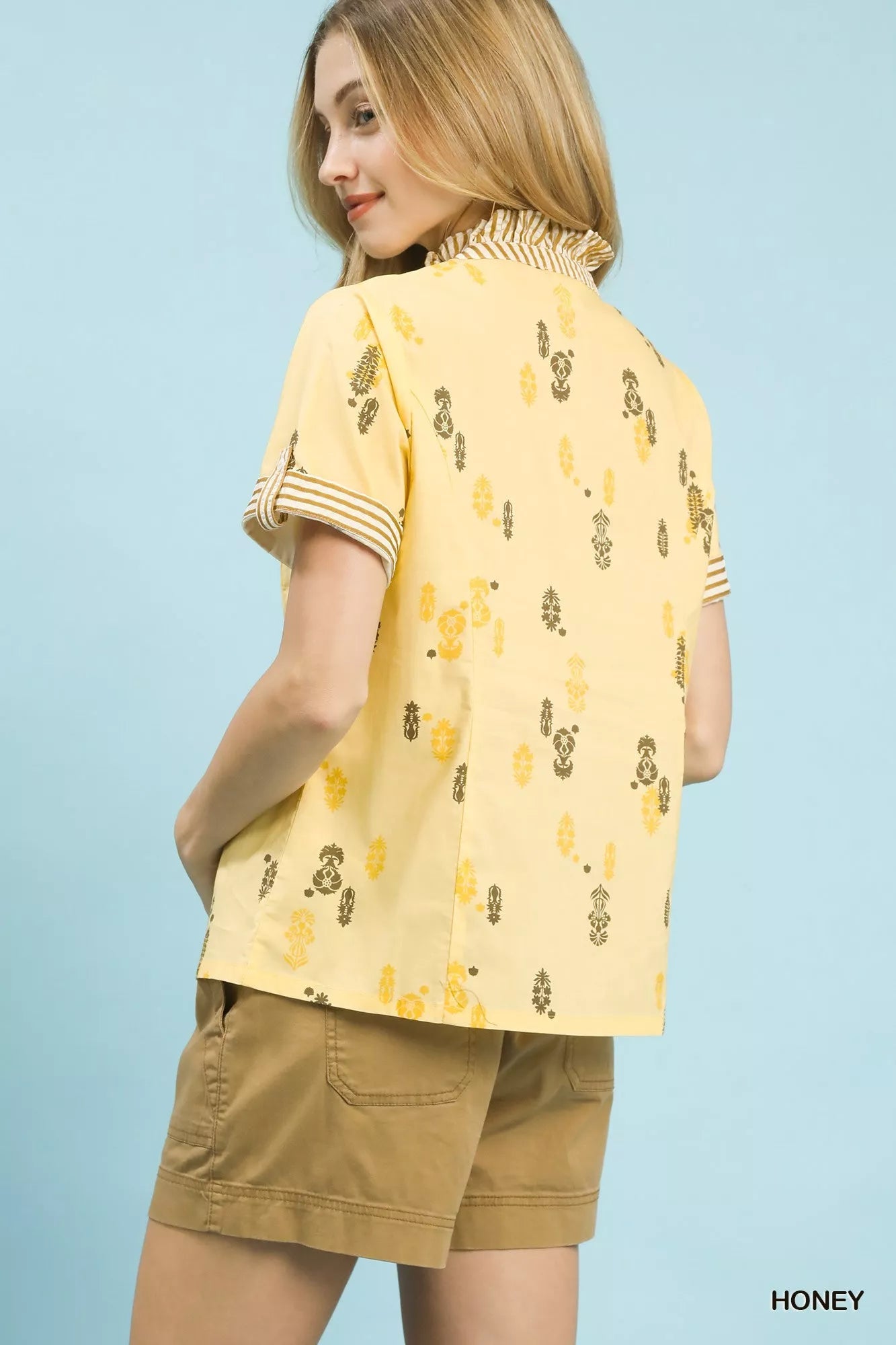 Umgee Printed Ruffle Trim Button Front Blouse - Bitsy Gypsy Boutique