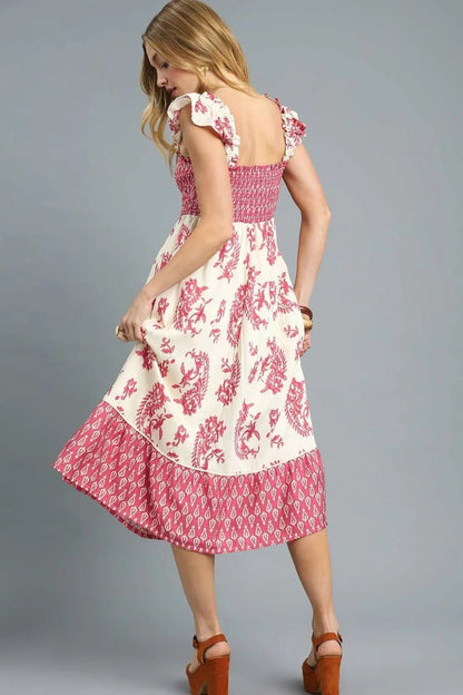 Umgee Printed Smocked Midi Dress with Ruffle Details - Bitsy Gypsy Boutique