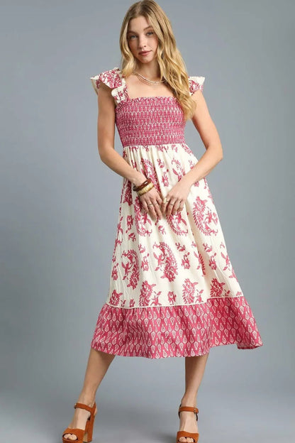 Umgee Printed Smocked Midi Dress with Ruffle Details - Bitsy Gypsy Boutique