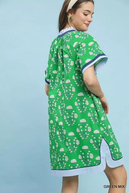 Umgee Printed Split Neck Short Sleeve Shift Dress - Bitsy Gypsy Boutique