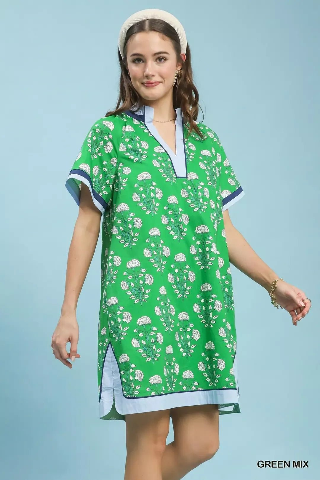 Umgee Printed Split Neck Short Sleeve Shift Dress - Bitsy Gypsy Boutique