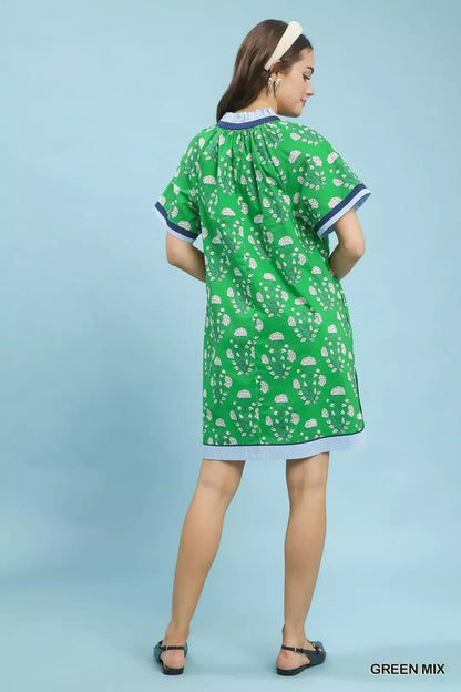 Umgee Printed Split Neck Short Sleeve Shift Dress - Bitsy Gypsy Boutique