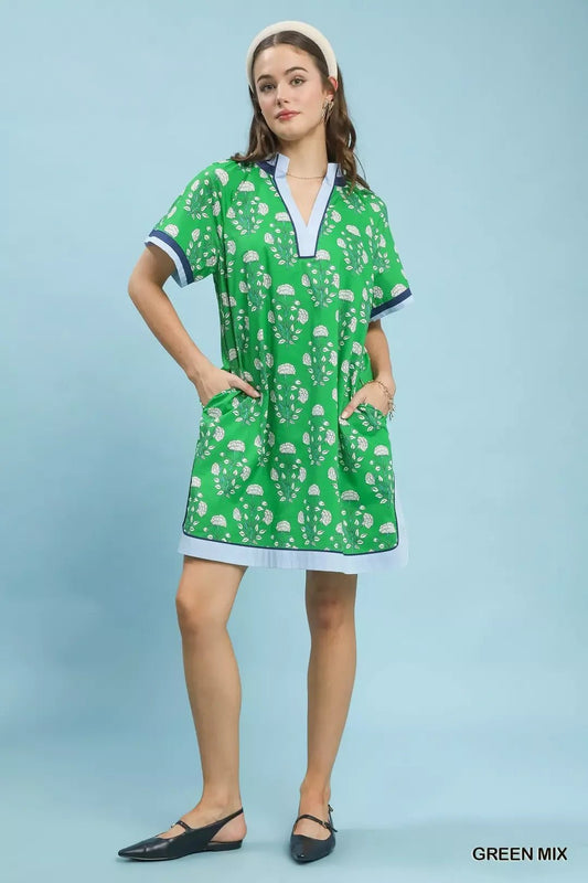 Umgee Printed Split Neck Short Sleeve Shift Dress - Bitsy Gypsy Boutique