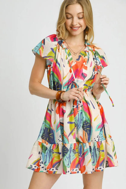 Umgee Printed Tie Neck Ruffled Hem Dress - Bitsy Gypsy Boutique