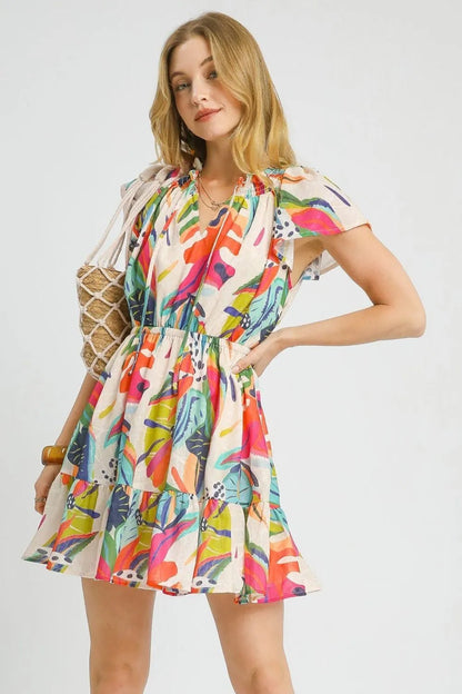 Umgee Printed Tie Neck Ruffled Hem Dress - Bitsy Gypsy Boutique