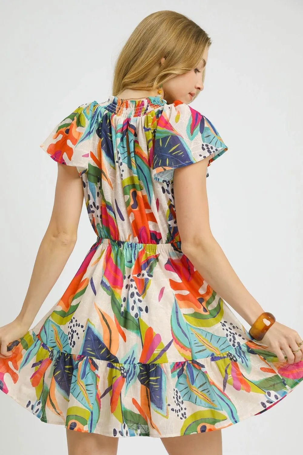 Umgee Printed Tie Neck Ruffled Hem Dress - Bitsy Gypsy Boutique