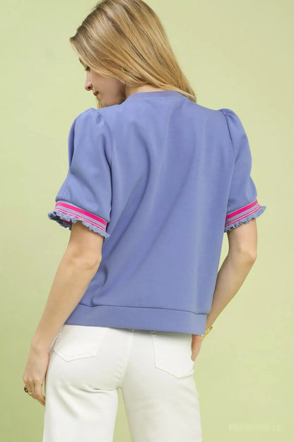 Umgee Puff Sleeve Button Front Top with Contrast Trim - Bitsy Gypsy Boutique