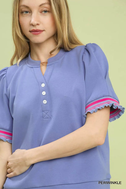 Umgee Puff Sleeve Button Front Top with Contrast Trim - Bitsy Gypsy Boutique