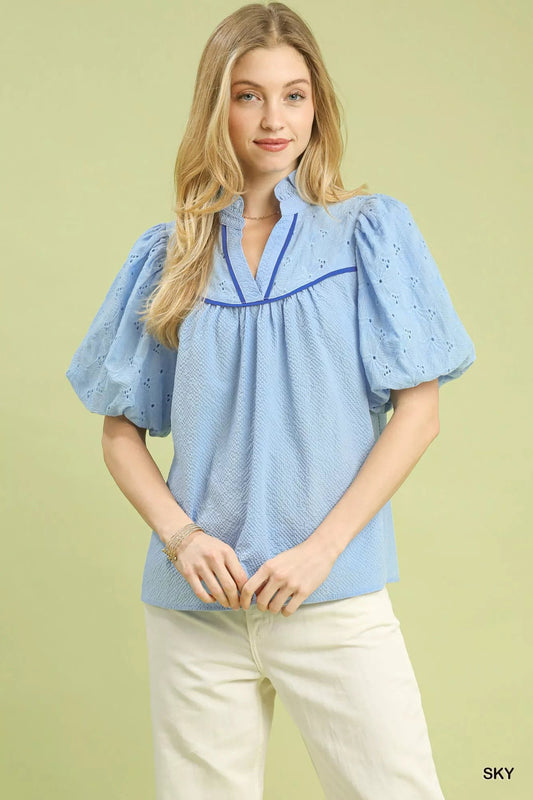 Umgee Puff Sleeve Eyelet Mix Top with Contrast Piping - Bitsy Gypsy Boutique